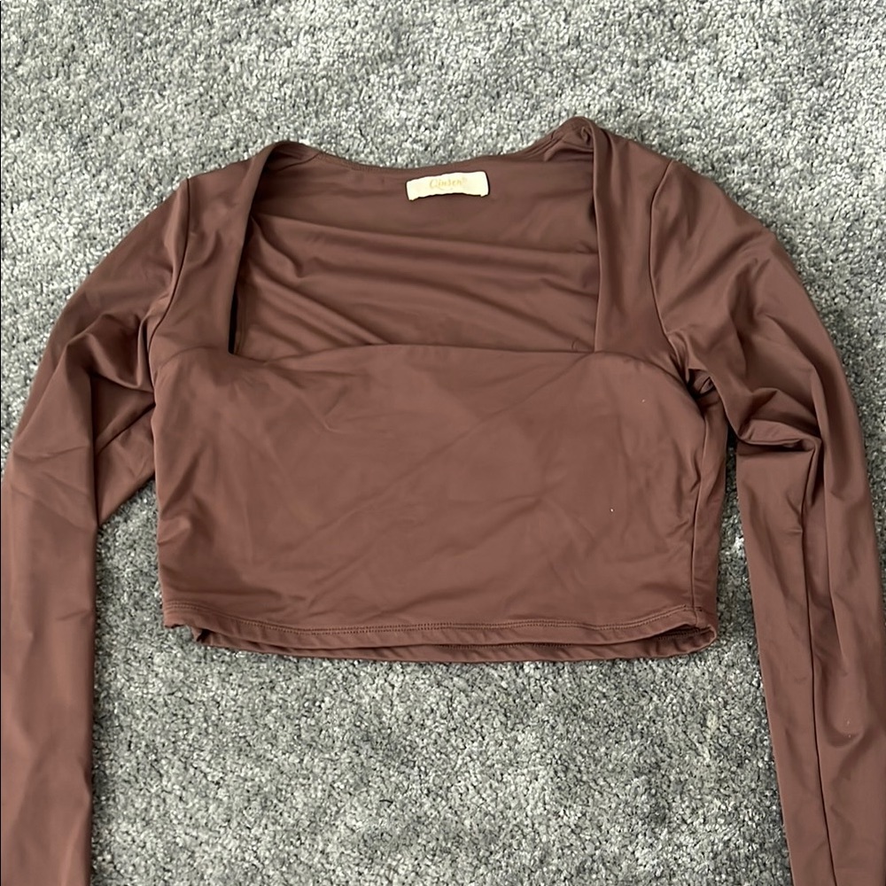 Chocolate Brown Long Sleeve Bustier Crop Bodysuit